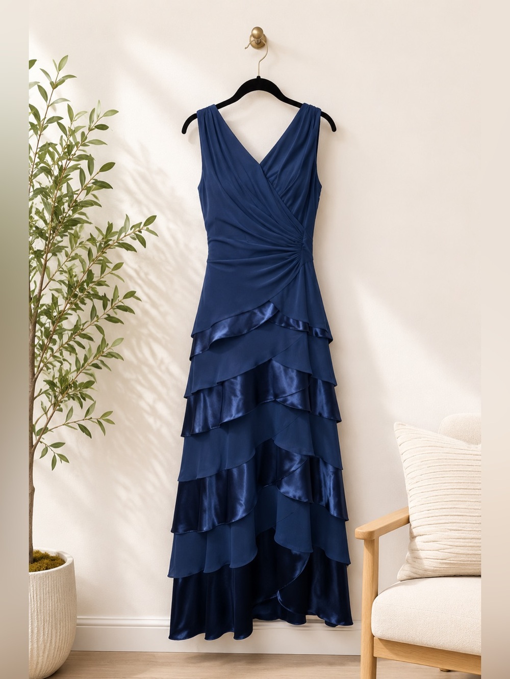 Vintage Blue Satin Tiered Maxi Dress Sz 8 Formal Evening Gown Prom Grad Y2K‎